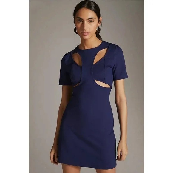 NWT by Anthropologie Ponte Cut-Out Navy Blue Short Sleeve Mini Dress Size XS - Picture 2 of 13